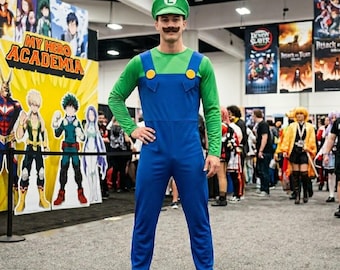 Luigi Costume for Adults, Green Plumber Character Suit for Birthday Party Events, Cosplay Halloween Outfit - Superi Mario Brothers