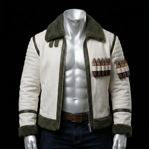 Puede incluir: Una chaqueta color blanco hueso con cuello y puños de piel sintética en verde oliva oscuro. La chaqueta cuenta con una cremallera frontal, ribetes en verde oliva oscuro y dos bandas elásticas horizontales en el pecho y la manga.