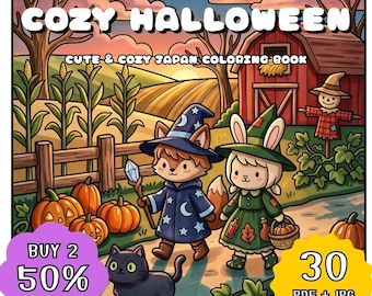 Cozy Halloween Japan Coloring Book, Kawaii Cute Animal Coloring Pages, Relaxing Spooky Scene Coloring, Printable Adult (PDF + JPG Download)