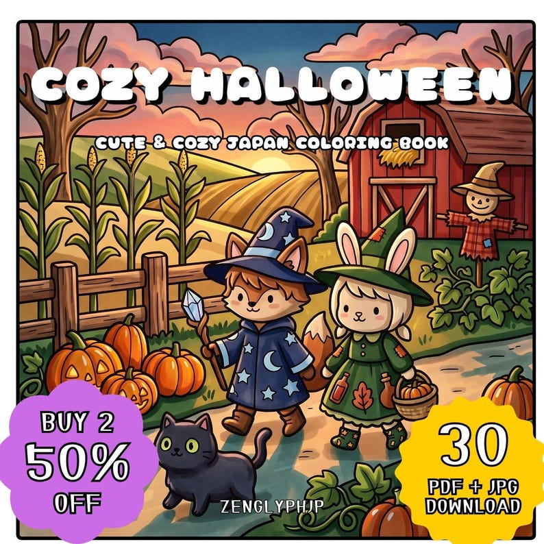 May include: A digital illustration for a coloring book titled COZY HALLOWEEN CUTE & COZY JAPAN COLORING BOOK. It features a fox wizard, a rabbit witch, and a black cat in a pumpkin patch near a red barn, with text indicating a 50% off sale.