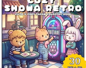 Cozy Showa Retro Japan Coloring Book, Kawaii Cute Animal Town Coloring Pages, Relaxing Printable Adult Digital (PDF + JPG Download)