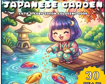 Cozy Japanese Garden Coloring Book, Kawaii Cute Animal Coloring Pages, Relaxing Koi Pond Scene, Printable Adult (30 Pages PDF + JPG)