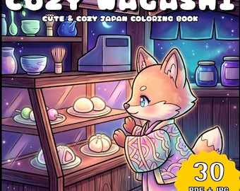 Cozy Wagashi Japan Coloring Book, Kawaii Cute Animal Coloring Pages, Japanese Sweets Tea Ceremony Scene, Relaxing Printable (PDF + JPG )