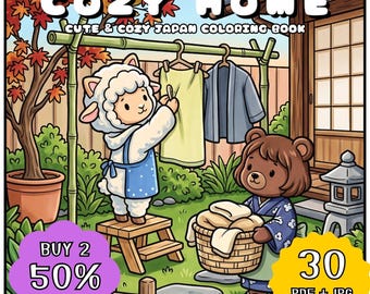 Cozy Japanese Home Coloring Book, Kawaii Cute Animal Coloring Pages, Relaxing Home Scene Coloring, Printable Adult (PDF + JPG Download)