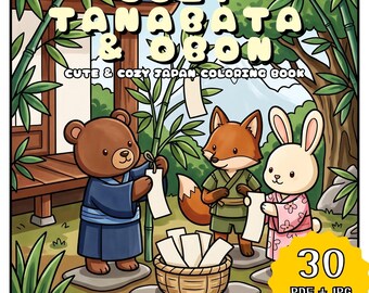 Cozy Tanabata Obon Japan Coloring Book, Kawaii Cute Animal Coloring Pages, Summer Festival Scene, Relaxing Printable (PDF+JPG Download)