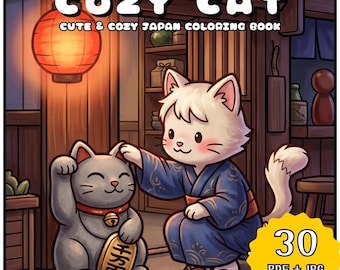 Cozy Japan Cat Coloring Book, Kawaii Cute Animal Coloring Pages, Relaxing Art Scene Coloring, Printable Adult Digital (PDF + JPG Download)