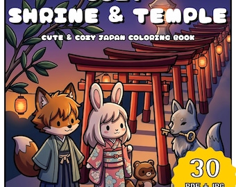 Cozy Japanese Shrine Temple Coloring Book, Kawaii Cute Animal Coloring Pages, Relaxing Adult Printable Scene, Digital (PDF+JPG Download)