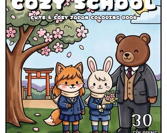 Cozy Japan School Life Coloring Book, Kawaii Cute Animal Coloring Pages, Relaxing Printable Adult Digital, 30 Pages (PDF + JPG Download)
