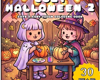 Cozy Halloween Japan Coloring Book Volume 2, Kawaii Cute Animal Coloring Pages, Relaxing Spooky Night Scene, Printable Adult (PDF + JPG )