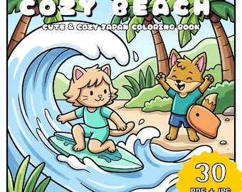 Cozy Japan Beach Coloring Book, Kawaii Cute Animal Coloring Pages, Summer Ocean Scene Coloring, Relaxing Printable (PDF + JPG Download)