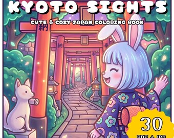 Cozy Kyoto Sights Coloring Book, Kawaii Cute Animal Characters Coloring Pages, Japan Travel Scene, Relaxing Printable (30 Pages PDF + JPG)