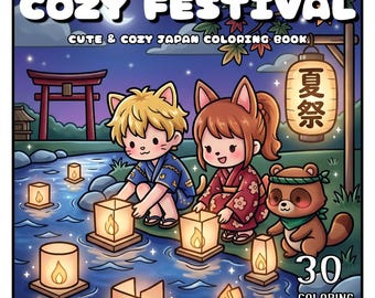 Cozy Japan Summer Festival Coloring Book, Kawaii Cute Animal Coloring Pages, Fireworks Night Scene, Relaxing Printable Adult (PDF + JPG)