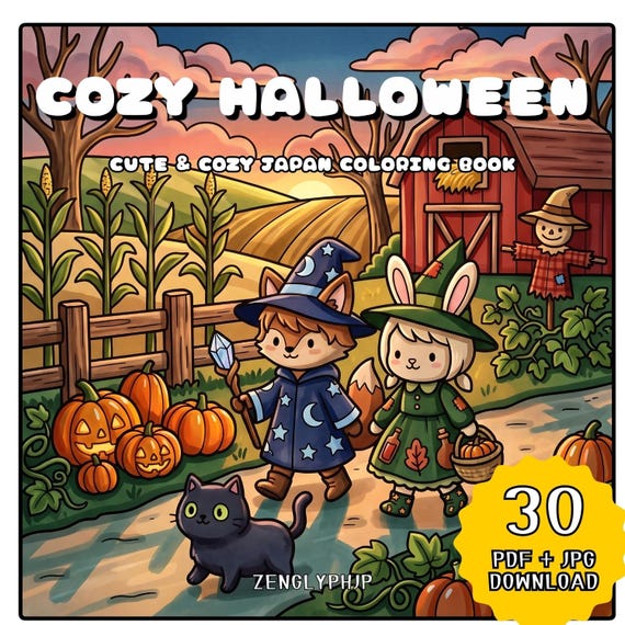Cozy Halloween Japan Coloring Book: Kawaii Animals, Scenes (PDF + JPG Download)