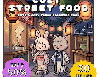 Cozy Japan Street Food Coloring Book, Kawaii Cute Animal Coloring Pages, Relaxing Market Scene Coloring, Printable Adult Download PDF JPG