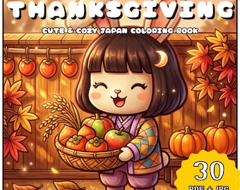 Cozy Japan Thanksgiving Coloring Book, Kawaii Cute Animal Coloring Pages, Autumn Harvest Festival, Relaxing Printable (Digital Download)