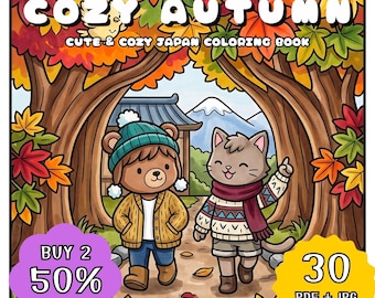Cozy Japan Autumn Coloring Book, Kawaii Cute Animal Coloring Pages, Relaxing Fall Harvest Coloring, Printable Adult Digital Download PDF JPG
