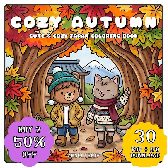 Cozy Japan Autumn Coloring Book, Kawaii Cute Animal Coloring Pages, Relaxing Fall Harvest Coloring, Printable Adult Digital Download PDF JPG