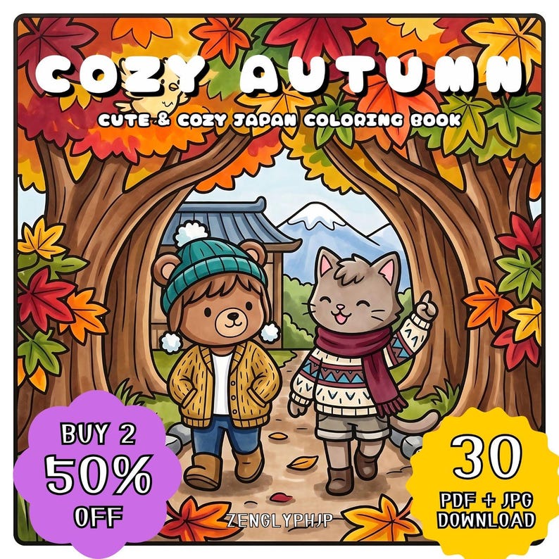 Puede incluir: Una portada de libro para colorear digital titulada COZY AUTUMN CUTE & COZY JAPAN COLORING BOOK con un oso y un gato de dibujos animados caminando por un bosque oto&ntilde;al con hojas coloridas, una monta&ntilde;a y un edificio.