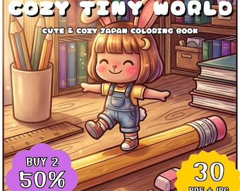 Cozy Tiny World Coloring Book, Japanese Stationery, Kawaii Cute Animal Coloring Pages, Relaxing Printable Adult (30 Pages PDF + JPG)