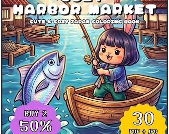 Cozy Harbor Market Coloring Book, Japanese Fishing Village Coloring Pages, Cute Animal Adult Coloring, Kawaii Ocean Relaxing Printable PDF