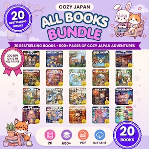 Mysigt målarbokspaket med Japan, 20 böcker, 600+ sidor, kawaii söta djurmålarbilder, utskrivbar digital PDF för vuxna för direktnedladdning