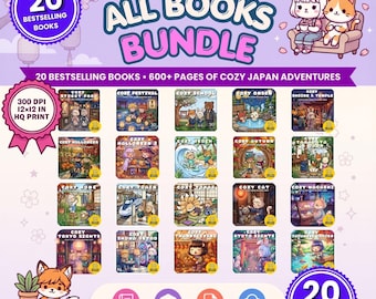 Cozy Japan Coloring Book Bundle, 20 Books 600+ Pages, Kawaii Cute Animal Coloring Pages, Printable Adult Digital Instant Download PDF