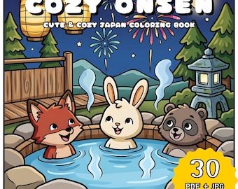 Cozy Japan Onsen Coloring Book, Kawaii Cute Animal Coloring Pages, Ryokan Hot Spring Scene, Relaxing Printable Adult (PDF + JPG Download)