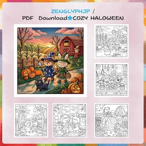 May include: A digital PDF download titled ZENGLYPHJP / PDF Download COZY HALOWEEN featuring a colored illustration of a fox and rabbit in costumes walking past pumpkins and a barn, alongside five black and white coloring page outlines.
