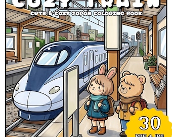 Cozy Japan Train Coloring Book, Kawaii Cute Animal Coloring Pages, Relaxing Railway Scene Coloring, Printable Adult Download PDF JPG