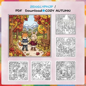Puede incluir: Una descarga digital en PDF titulada ZENGLYPHJP COZY AUTUMN que incluye una ilustraci&oacute;n a color de un zorro y un conejo caminando en un bosque, junto a cinco p&aacute;ginas para colorear en blanco y negro con escenas estacionales.