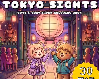 Cozy Tokyo Sights Coloring Book, Kawaii Cute Animal Coloring Pages, City Landmark Scene, Relaxing Printable Adult (30 Pages PDF + JPG)