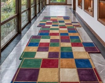 Colorful Geometric Wool Runner Rug, Handmade Checkerboard Tufted Floor Mat, Vibrant Patchwork Carpet for Hallway Kitchen Bedroom