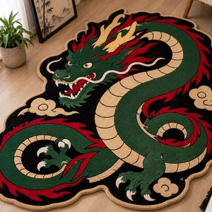 May include: An irregularly shaped area rug featuring a large green dragon with red accents and a beige underbelly on a black background. The dragon has yellow horns, sharp white claws, and is surrounded by small beige cloud motifs with a beige border.