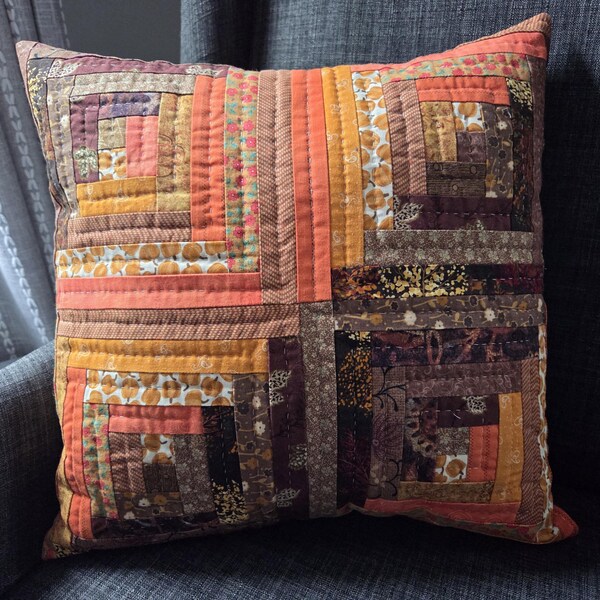 Fall Quilted Log Cabin Pillow Slipcover