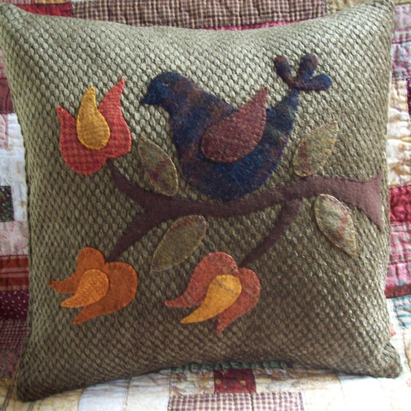 ON SALE Autumn Folk Art Bird on Olive Green Chenille Upholstery Fabric Pillow Slipcover