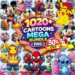 May include: A digital graphic collection featuring various cartoon characters including Mickey Mouse, Spider-Man, Pikachu, and Stitch. The central text reads 1020+ CARTOONS MEGA BUNDLE PNG with a 50% OFF badge. The design includes colorful illustrations.