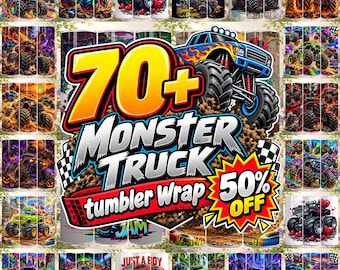 70+ Monster Truck Tumbler Wrap PNG, Kids Cartoon Sublimation Design, 20oz Tumbler Wraps, Boys Tumbler Wrap, Boys Sublimation Tumbler