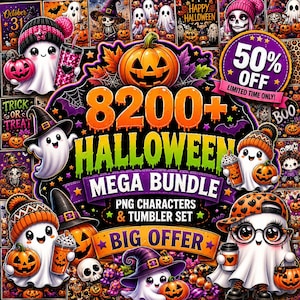 Può includere: Una collezione grafica digitale con oltre 8200 personaggi PNG e design per bicchieri a tema Halloween. L'immagine mostra vari fantasmi dei cartoni animati con cappelli, che tengono zucche e bevande, circondati da zucche arancioni.