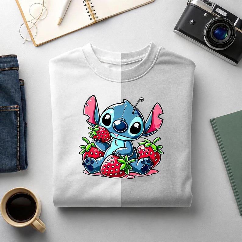 May include: A white crew neck t-shirt featuring a graphic illustration of a blue alien character with large ears sitting among several bright red strawberries. The character has large black eyes and is holding one of the strawberries.