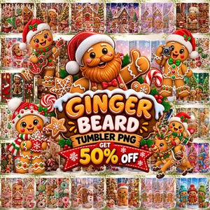 May include: A digital collage of Christmas-themed gingerbread characters featuring a central gingerbread Santa Claus with a beard, surrounded by various gingerbread figures, candy canes, and holiday scenes with the text GINGER BEARD TUMBLER PNG.