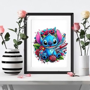 May include: A framed art print featuring a blue alien character with large ears and a wide smile, holding a red ball of yarn. The illustration includes vibrant red roses, green leaves, and the word STITCH in a stylized graffiti-inspired font.
