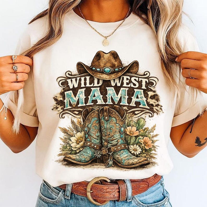 Pu&ograve; includere: Una t-shirt color crema con una stampa grafica raffigurante un cappello da cowboy marrone sopra la scritta "WILD WEST MAMA" in turchese e marrone, con un paio di stivali da cowboy turchesi, fiori del deserto e cactus sotto.