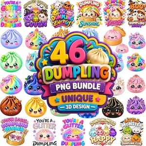May include: A digital collection of 46 dumpling-themed PNG graphics featuring various colourful, 3D-rendered cartoon dumplings with expressive faces, some adorned with accessories like hats, bows, and flowers, alongside text elements like 46 DUMPLING PNG BUNDLE.