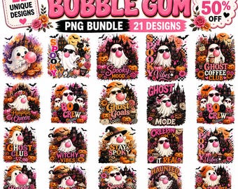 21 Ghost Blowing Bubble Gum Png Bundle, Girly Haunted House Halloween Shirt Png, Spooky Ghost Sublimation Design, Trendy Halloween Ghost PNG