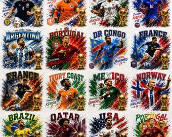 Puede incluir: Un collage vibrante con jugadores de fútbol que representan a varios países, cada uno con su bandera y un trofeo dorado. La imagen incluye texto como "Campeones del Mundo" y nombres de países como "España" y "Argentina".