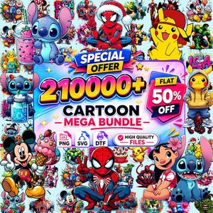以下が含まれることがあります： スパイダーマン、ミッキーマウス、スティッチ、ピカチュウなど、21万点以上の漫画キャラクターイラストを収録したデジタルグラフィックバンドル。中央のテキストには「SPECIAL OFFER 210000+ CARTOON MEGA BUNDLE」と「50% OFF」のバッジが表示されています。