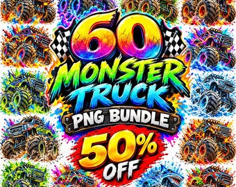 60 Monster Truck PNG Bundle, Monster Truck Clipart, Kids Racing Vehicle Graphics, Birthday Party Clipart, Watercolor Truck Png, Boys Shirts