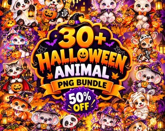 30+ Kawaii Halloween Animal PNG Bundle, Halloween Animal PNG, Cute Halloween Clipart, Halloween Graphics, Cute Halloween Animals