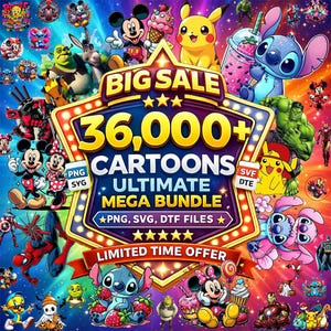 Könnte beinhalten: Eine lebendige digitale Grafik, die ein Cartoon-Mega-Bundle bewirbt. Das zentrale Design zeigt eine Sternform mit dem Text "BIG SALE" und "36.000+ CARTOONS ULTIMATE MEGA BUNDLE". Verschiedene Cartoon-Figuren umgeben den zentralen Text.