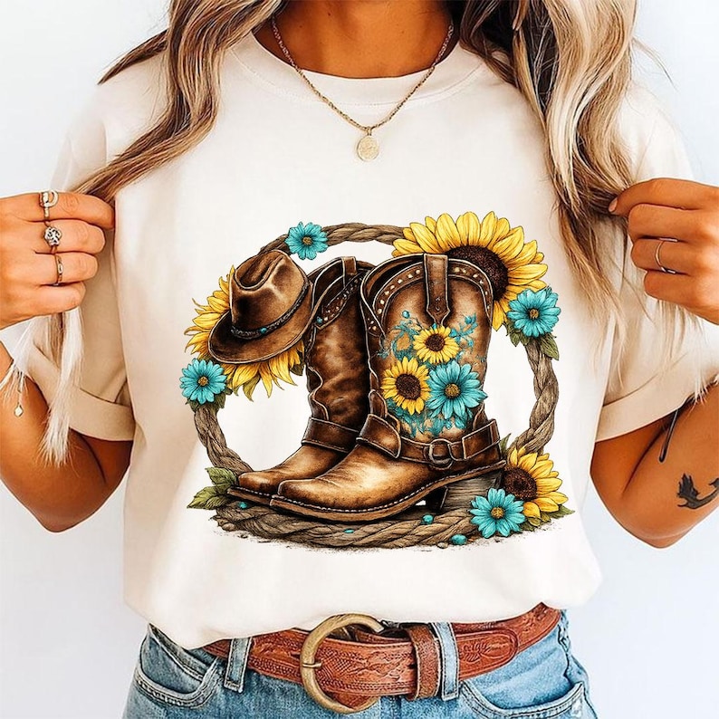 Pu&ograve; includere: Una t-shirt color crema con una stampa grafica di stivali da cowboy marroni e un cappello abbinato circondati da una ghirlanda di corda. Il design &egrave; decorato con girasoli gialli e fiori turchesi brillanti, creando un'illustrazione dettagliata.